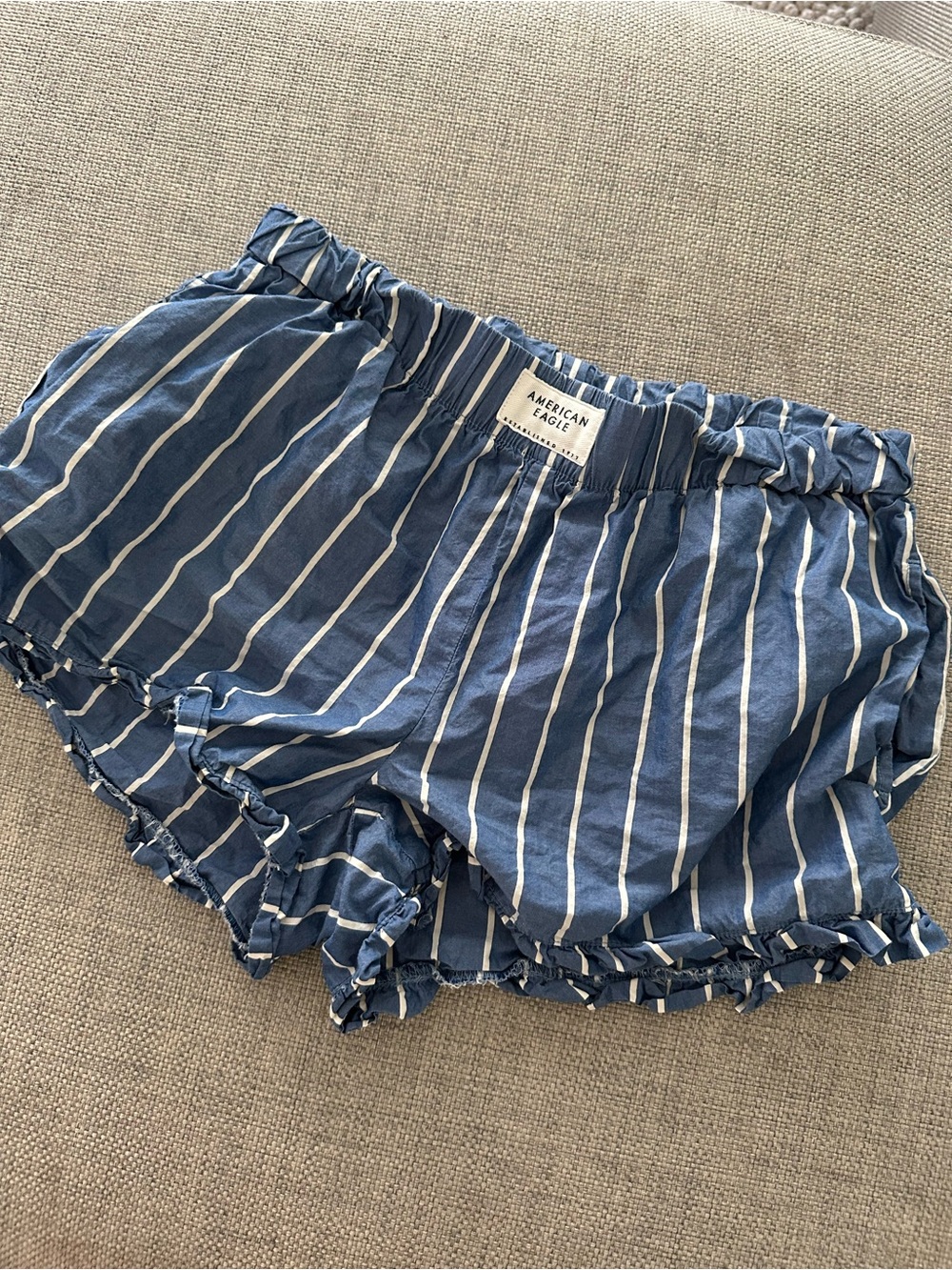 American Eagle Outfitters Blue and White Striped Ruffle Hem Shorts